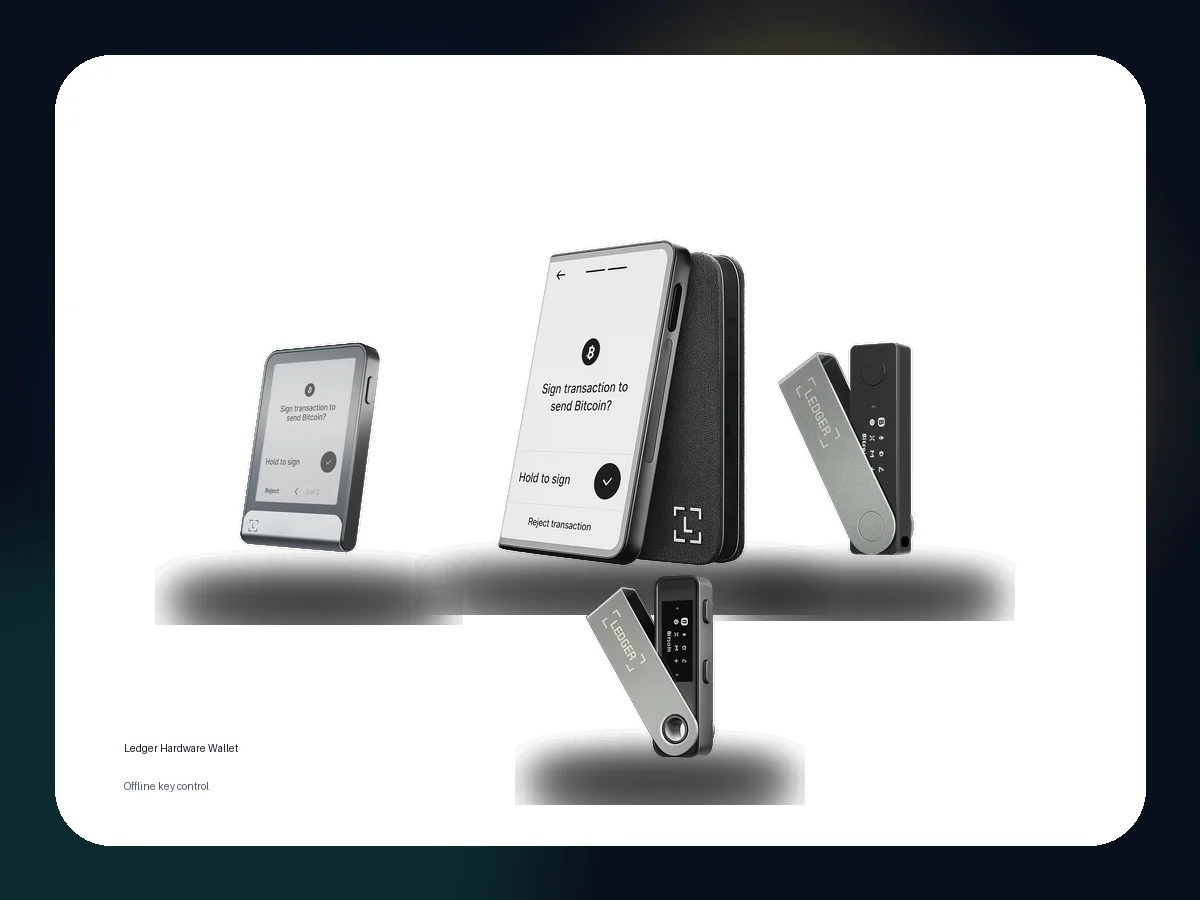 Ledger Nano S Plus、Nano X、Flex、Stax 硬件钱包组合展示
